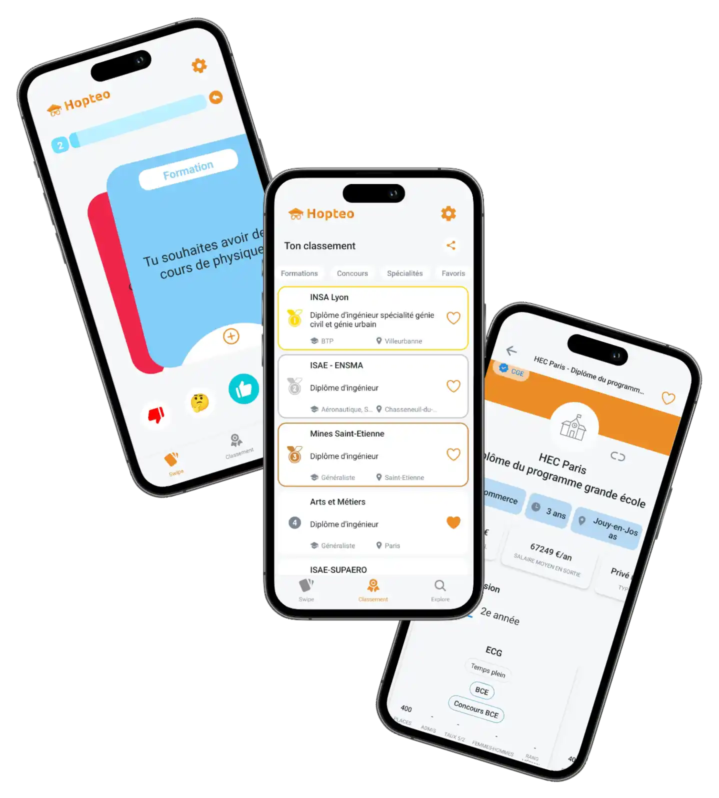 Pages de swipe, page de classement et page de profil école de l’application Hopteo disposés en éventail