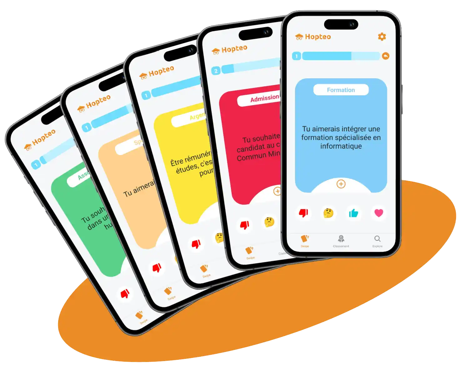 Page de swipe de l’application Hopteo avec une carte du thème formation swipé vers la droite
