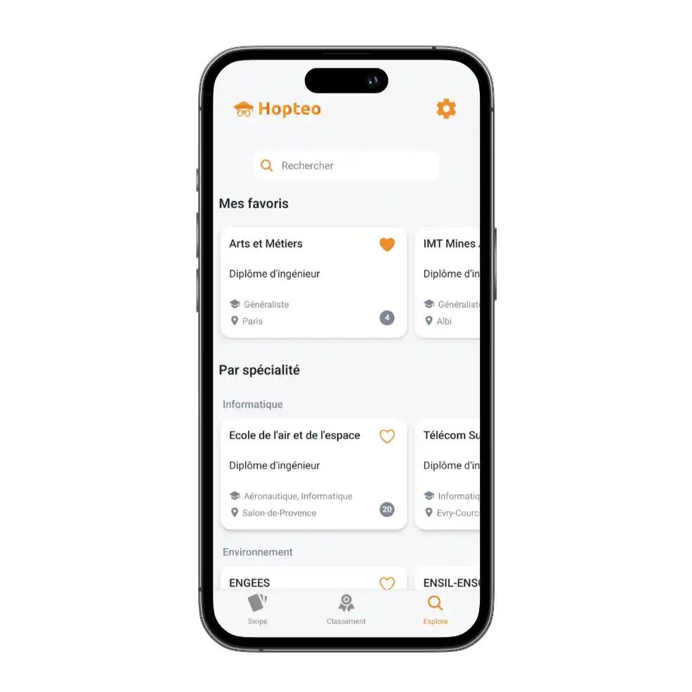 Page explore de l’application Hopteo avec une barre de recherche et les écoles d’ingénieurs classés par spécialisation