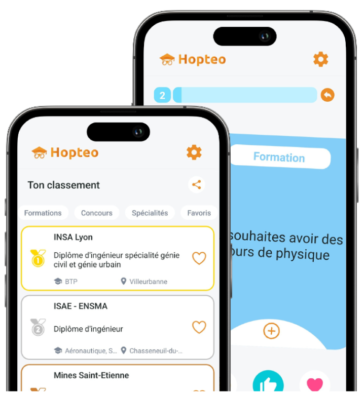 Page de classement et page de swipe de l’application Hopteo