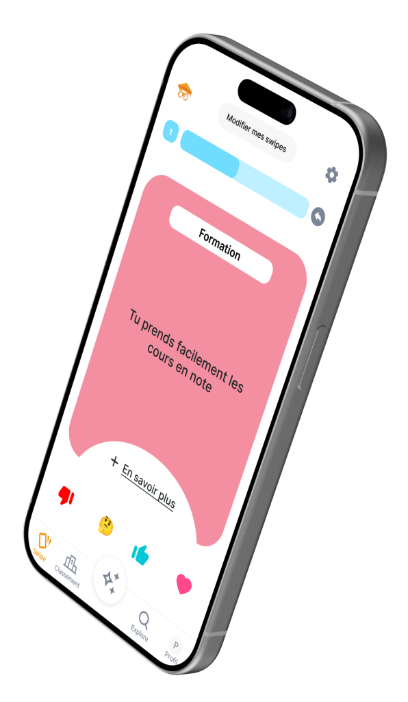 Écran de l’application Hopteo montrant une carte de question dans l’onglet Swipe avec le texte “Tu prends facilement les cours en note” et les icônes de réponse en bas.