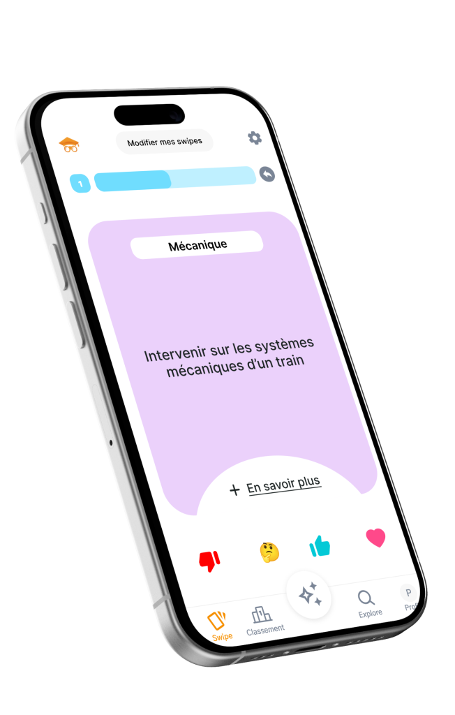 Écran de l’application Hopteo affichant une carte de l’onglet Swipe avec la question “Intervenir sur les systèmes mécaniques d’un train” dans la catégorie Mécanique.