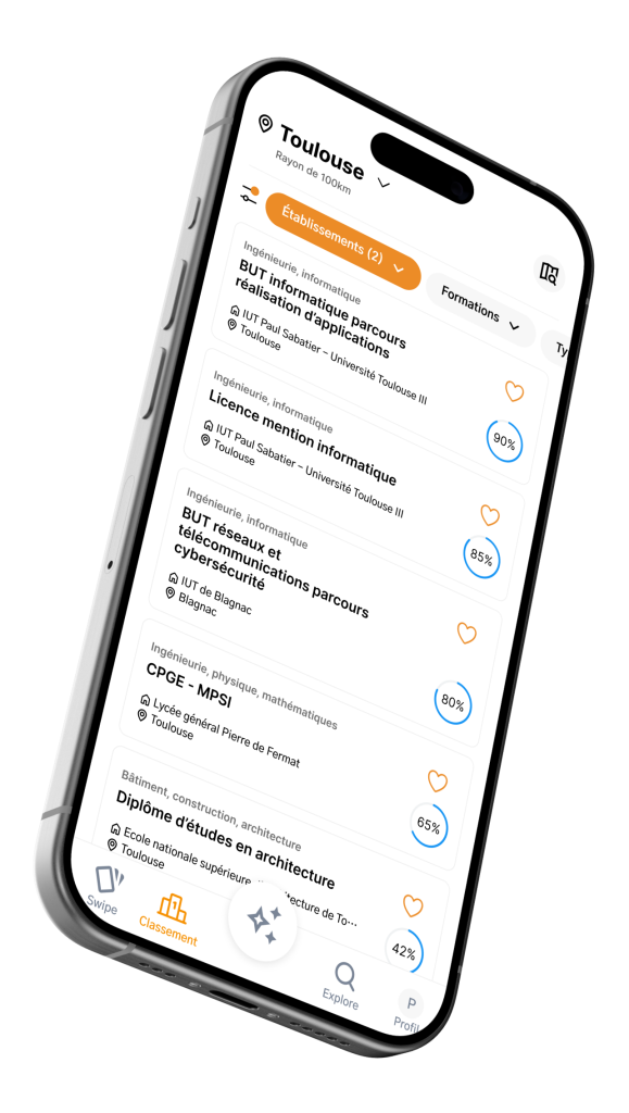 Écran de l’application Hopteo affichant la page Classement, avec une liste de formations et leur pourcentage d’affinité selon le profil utilisateur à Toulouse.