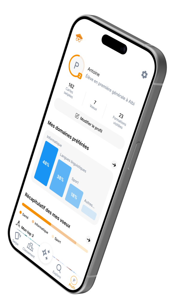 Écran du profil d’un utilisateur sur l’application Hopteo affichant ses statistiques, ses domaines préférés en graphiques et un récapitulatif de ses vœux.