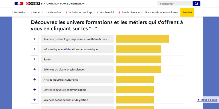Interface Onisep affichant les univers de formations et métiers, avec des catégories cliquables comme sciences, santé, informatique, arts et économie