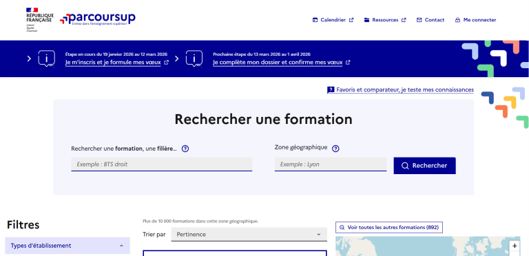 Page de recherche de formations sur la plateforme Parcoursup avec filtres par filière et zone géographique