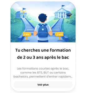Carte Hopteo proposant de choisir une formation de 2 ou 3 ans après le bac, avec un élève face à deux parcours d’études supérieures