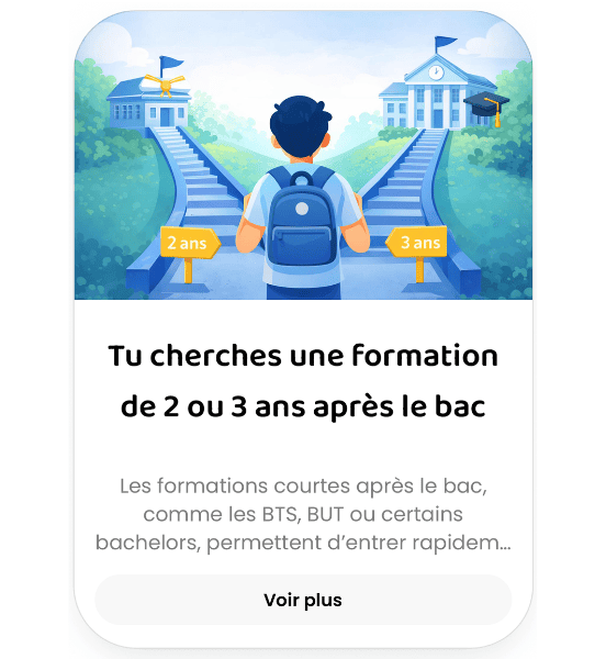 Carte Hopteo proposant de choisir une formation de 2 ou 3 ans après le bac, avec un élève face à deux parcours d’études supérieures