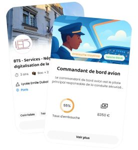 Cartes à swiper dans l’application Hopteo montrant des suggestions personnalisées de métier et de formation avec salaire, taux d’embauche et établissement