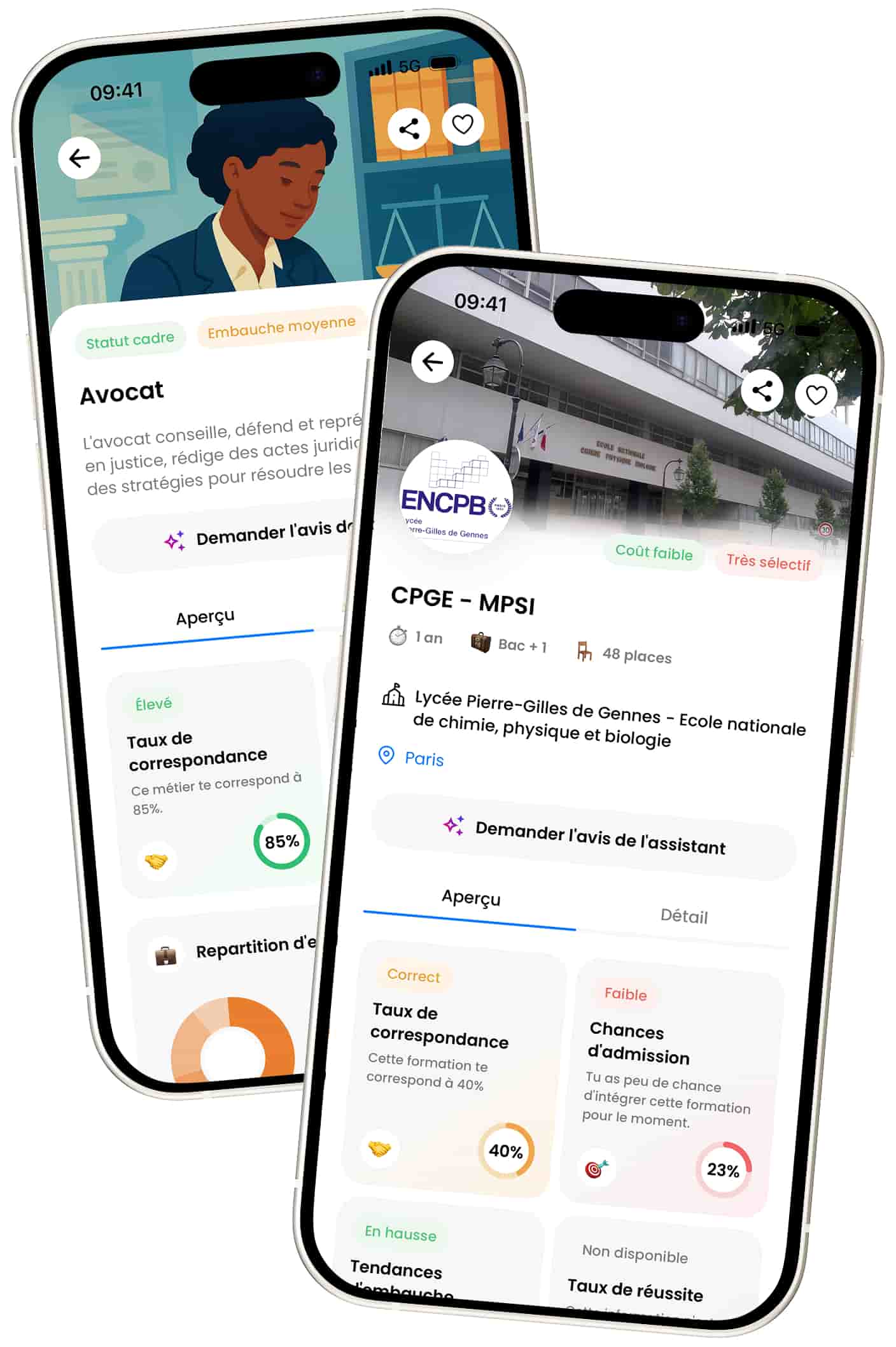 Pages détaillées métier et formation dans l’application Hopteo, montrant une fiche avocat et une CPGE MPSI avec taux de correspondance et chances d’admission