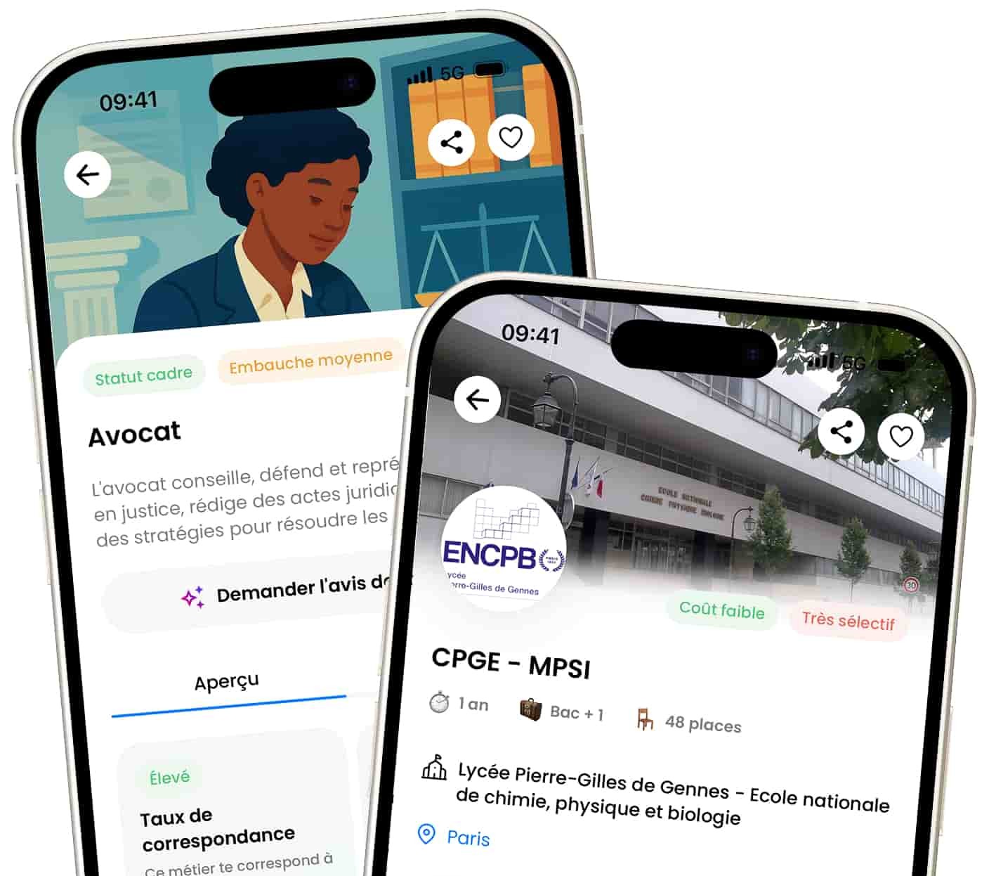 Pages détaillées métier et formation dans l’application Hopteo, montrant une fiche avocat et une CPGE MPSI avec taux de correspondance et chances d’admission