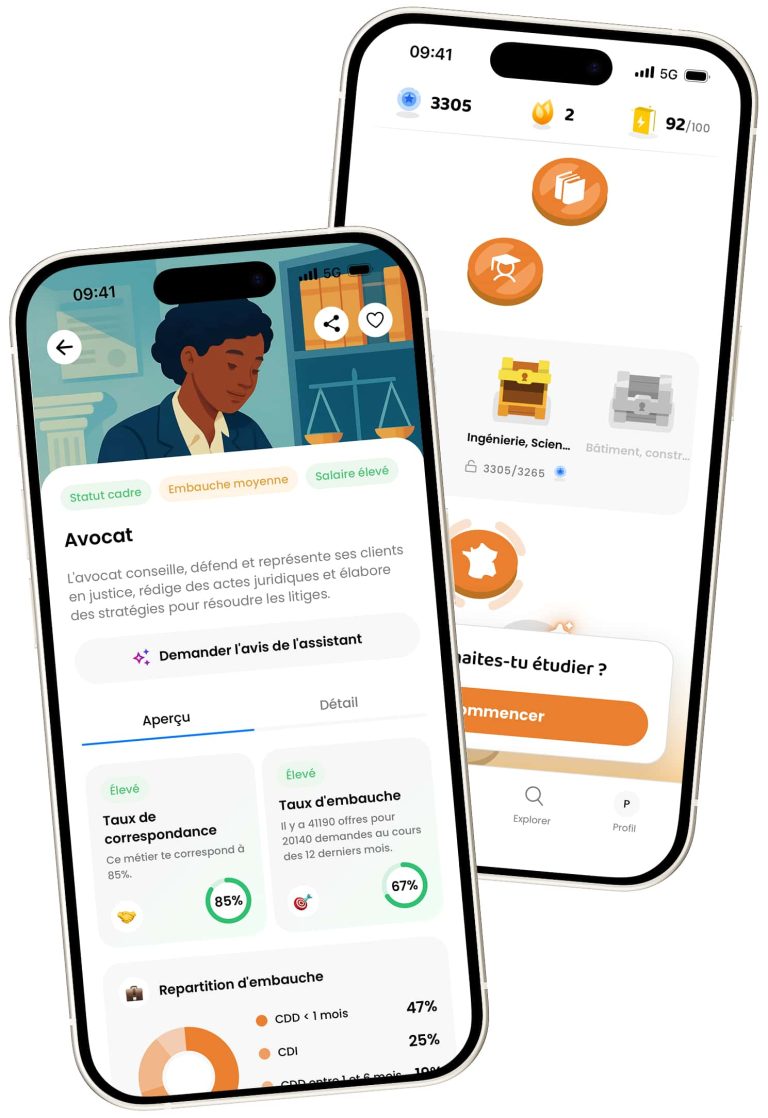 Deux smartphones affichant l’application d’orientation Hopteo : fiche métier Avocat avec statistiques d’embauche et écran d’exploration des domaines d’études avec système de progression.