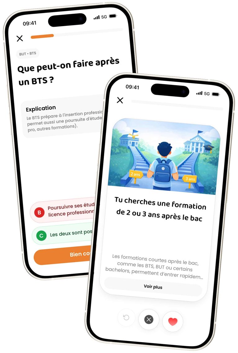 Deux smartphones affichant l’application d’orientation Hopteo : question sur les débouchés après un BTS et écran interactif proposant des formations post-bac de 2 ou 3 ans avec système de swipe.