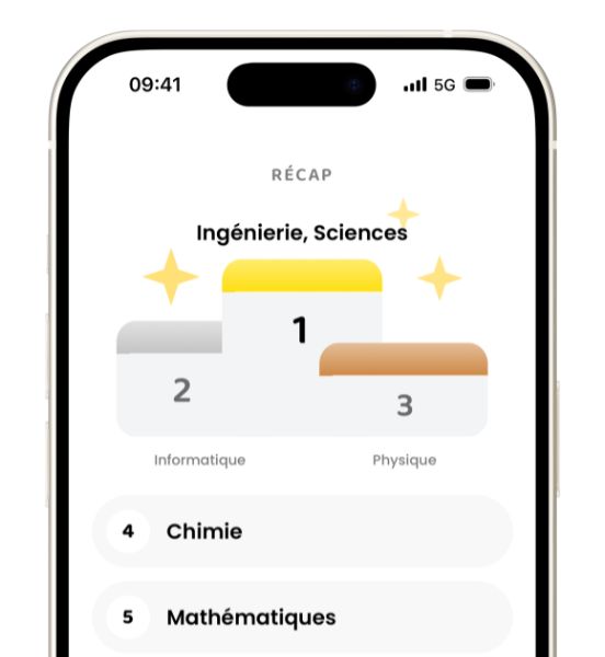 Écran de classement personnalisé des domaines d’études sur l’application Hopteo avec Ingénierie et Sciences en première position.