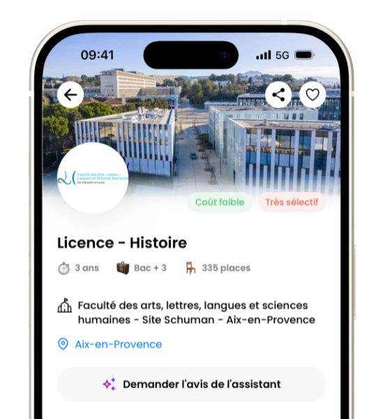 Fiche formation Licence Histoire sur l’application Hopteo avec durée 3 ans, niveau Bac+3, 335 places et localisation à Aix-en-Provence.