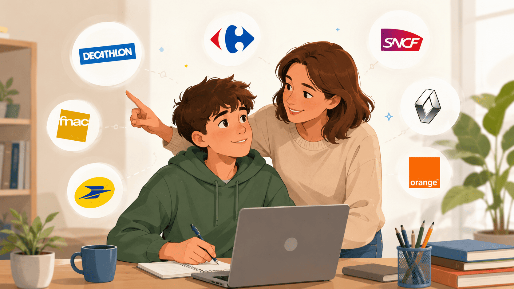 Un parent et son adolescent cherchent ensemble un stage d'observation sur un ordinateur.