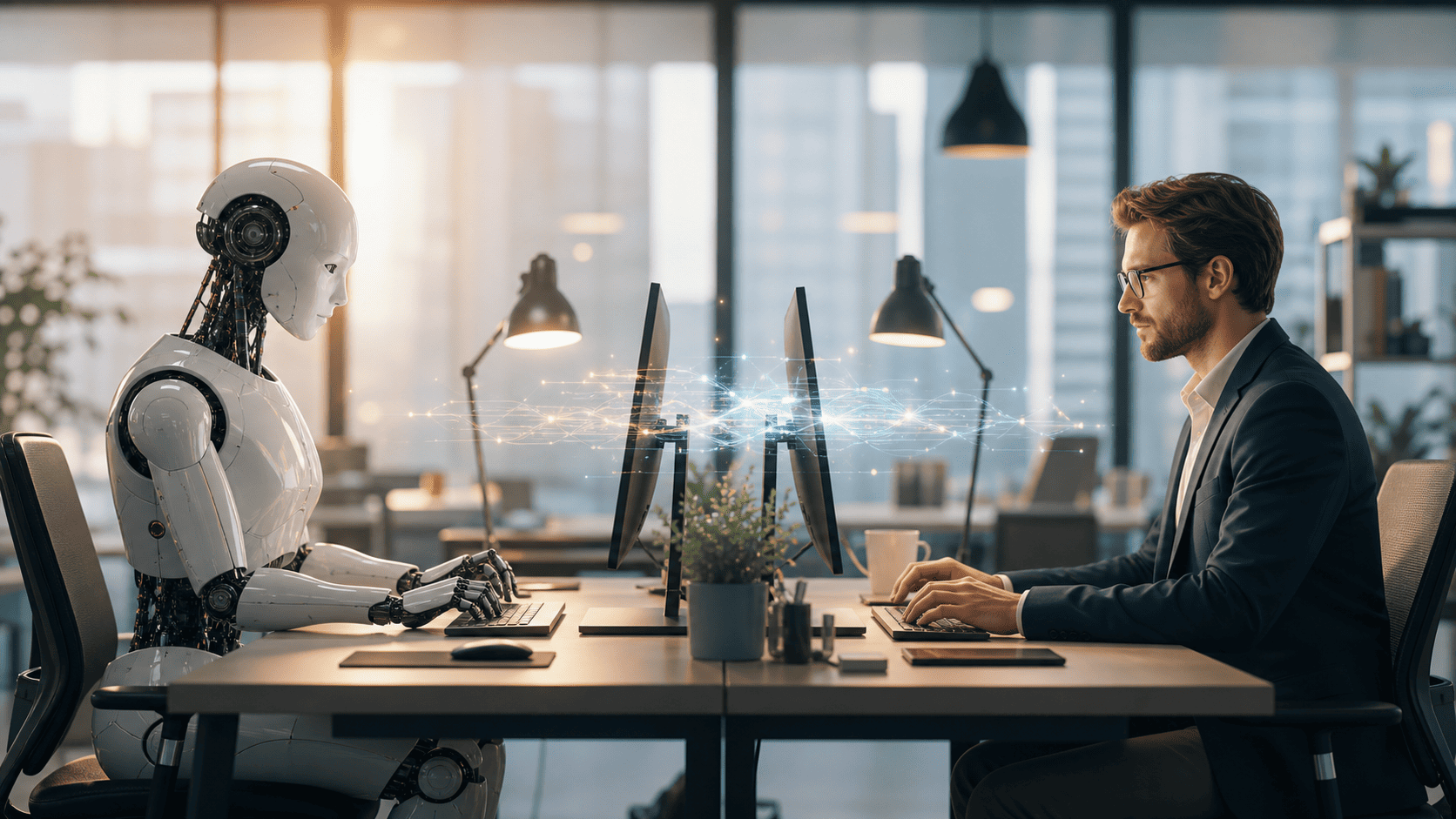 Un robot et un humain travaillent face à face à leurs postes de travail, illustrant l’impact de l’intelligence artificielle sur les métiers.